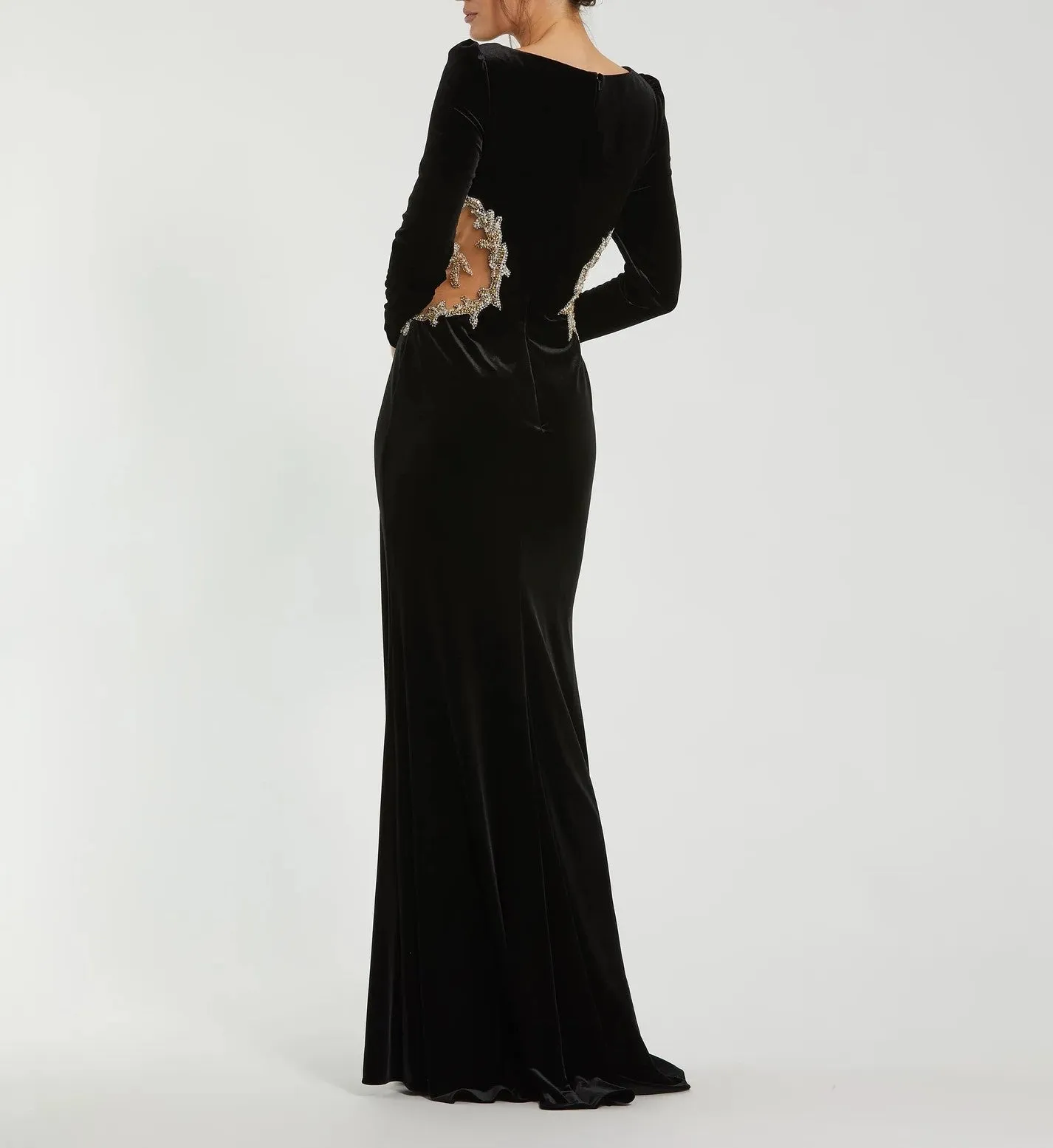 Long Draped Sleeve Sheer Embellished Detail Gown