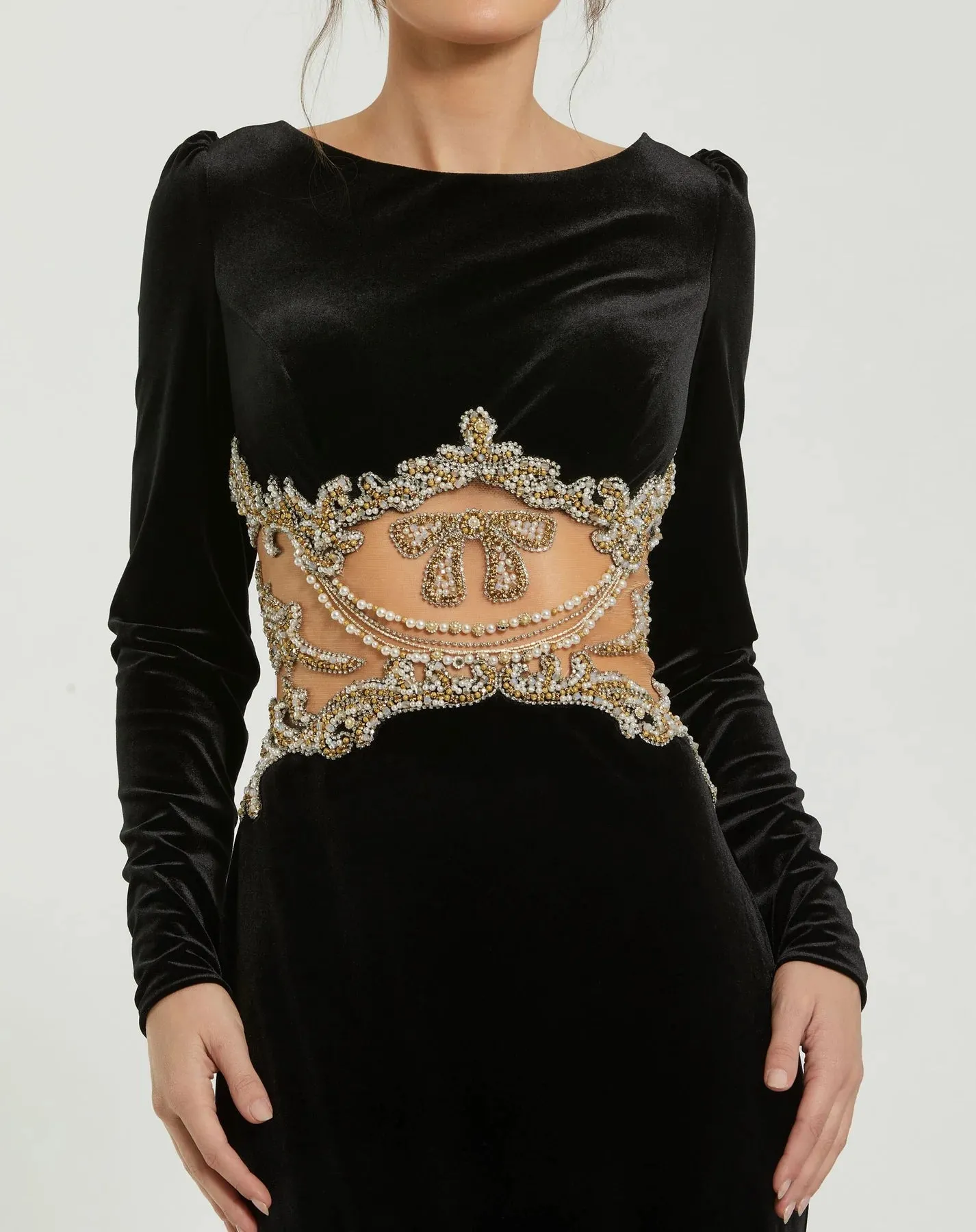 Long Draped Sleeve Sheer Embellished Detail Gown