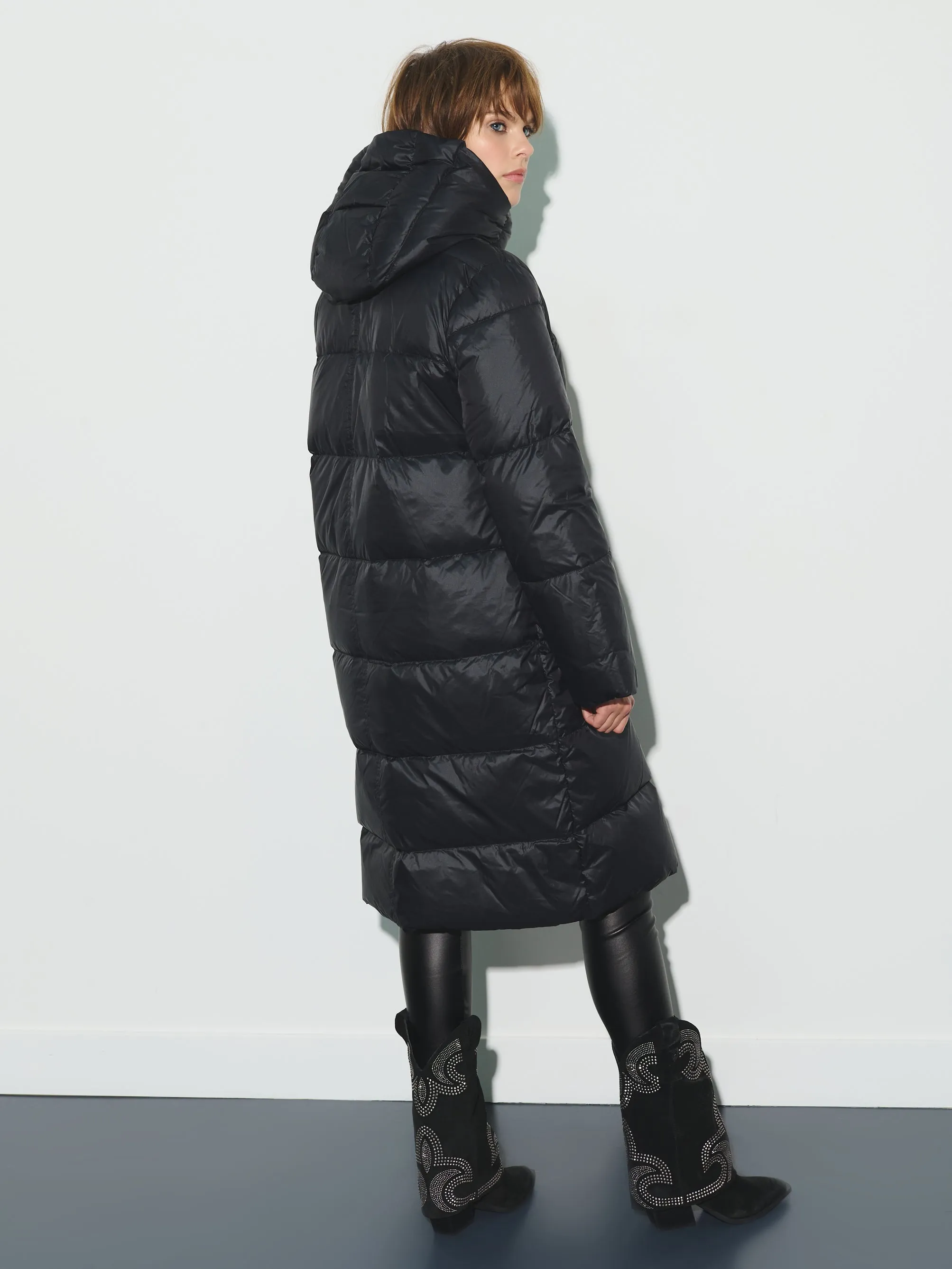 Long hooded down puffer coat