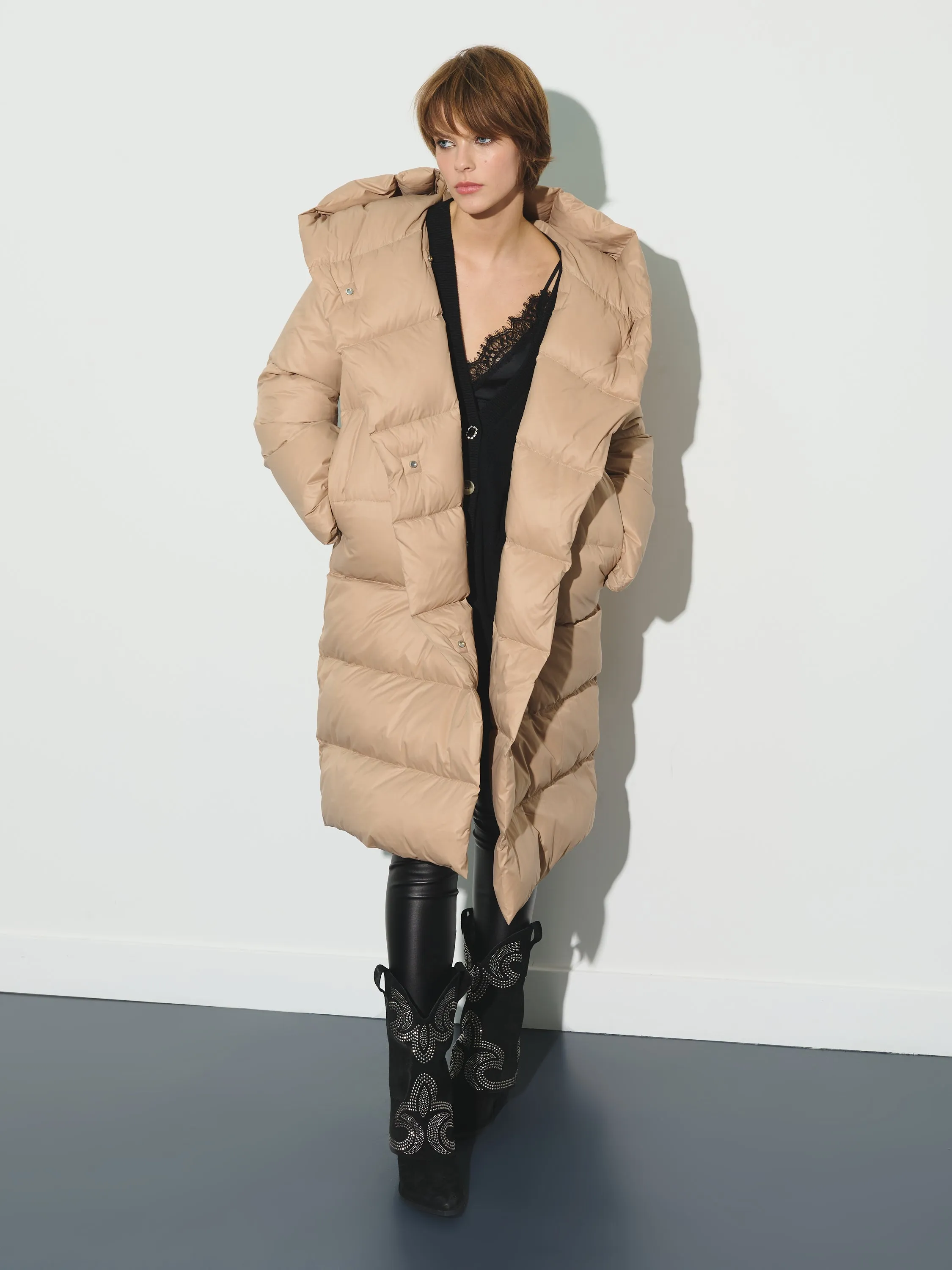 Long hooded down puffer coat