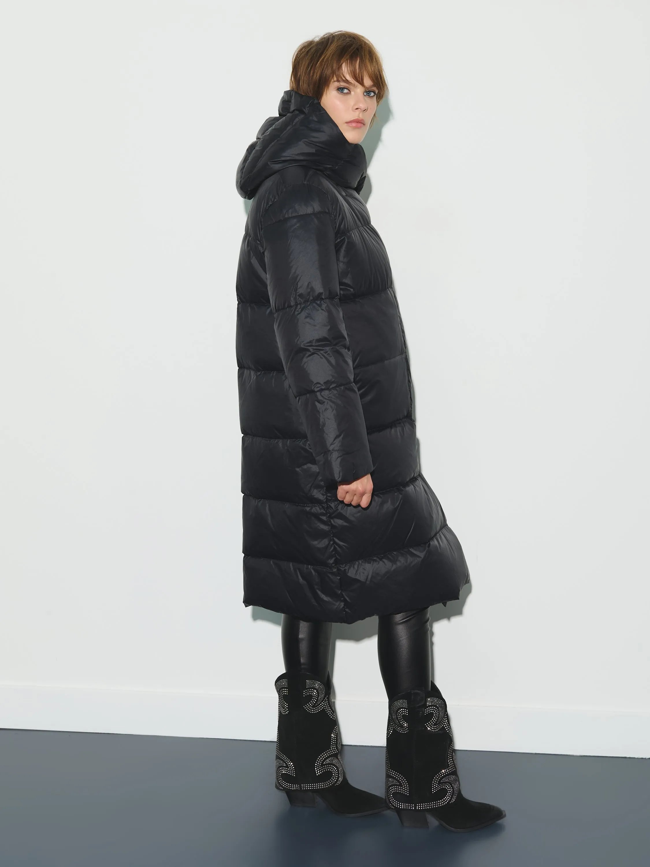 Long hooded down puffer coat