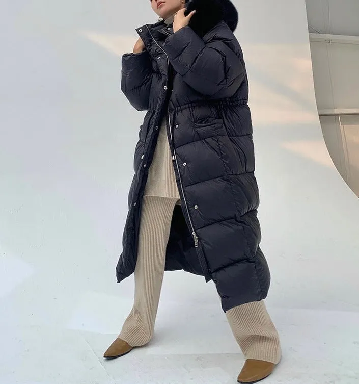 Luxury Natural Fur Hooded Down Long Puffer Jacket