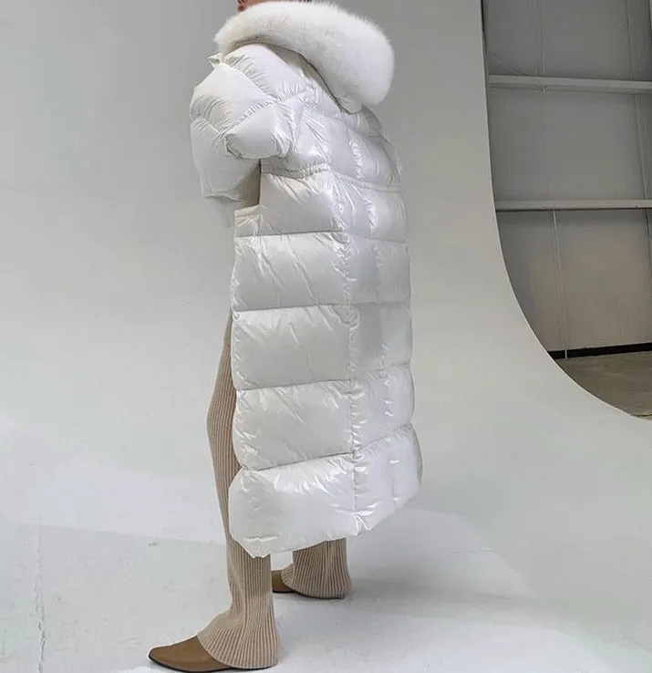 Luxury Natural Fur Hooded Down Long Puffer Jacket