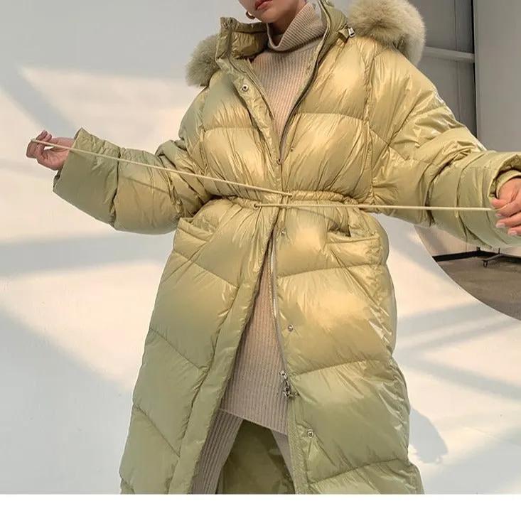 Luxury Natural Fur Hooded Down Long Puffer Jacket