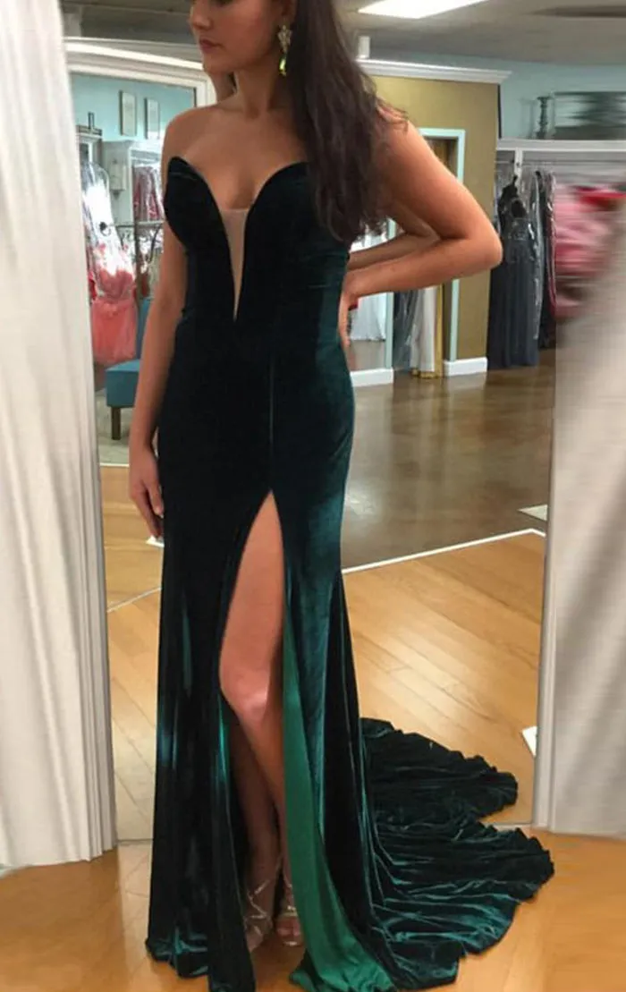 MACloth Mermaid Strapless Sweetheart Velvet Long Prom Dress Green Formal Evening Gown