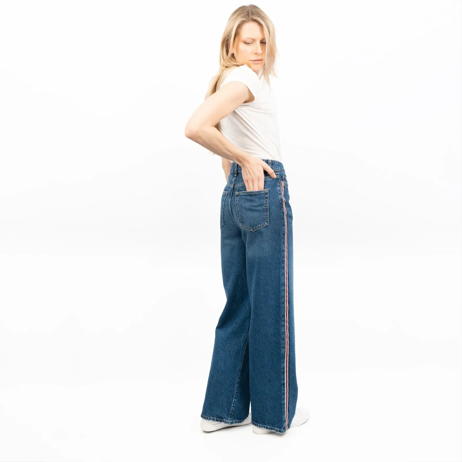 M&S High Rise Blue Denim Wide Leg Jeans with Side Trim