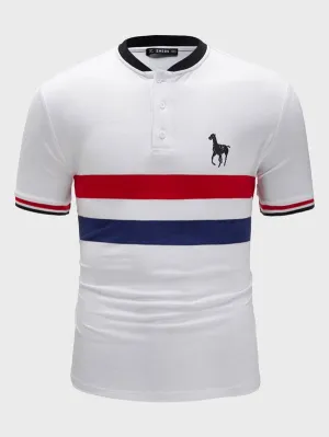 Men Contrast Striped Horse Print Polo Shirt