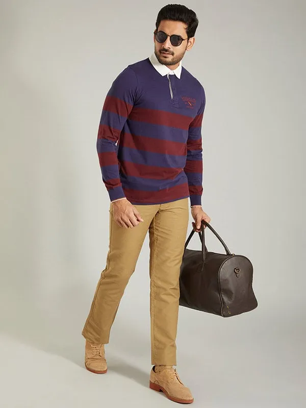 Men Striped Full Sleeve Polo T-Shirt