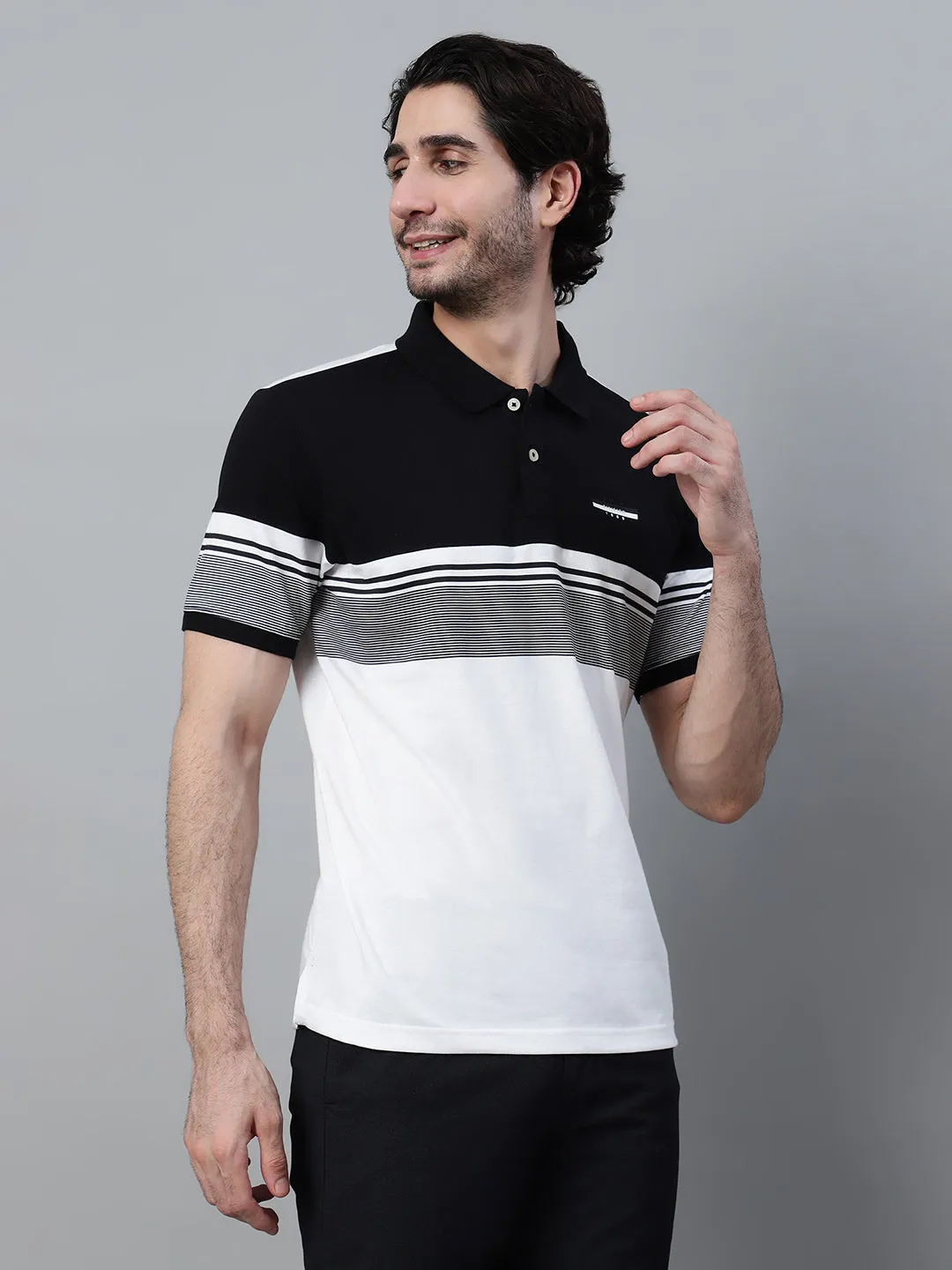 Men's Black Striped Polo Neck Half Sleeve T-shirt