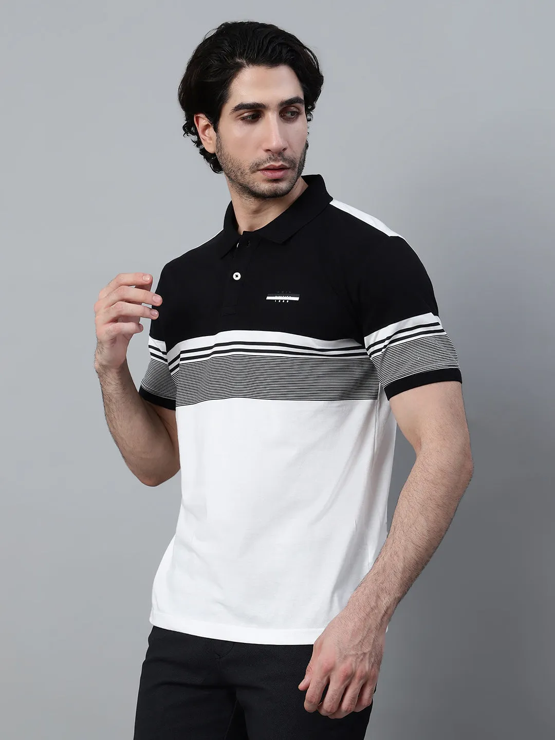 Men's Black Striped Polo Neck Half Sleeve T-shirt