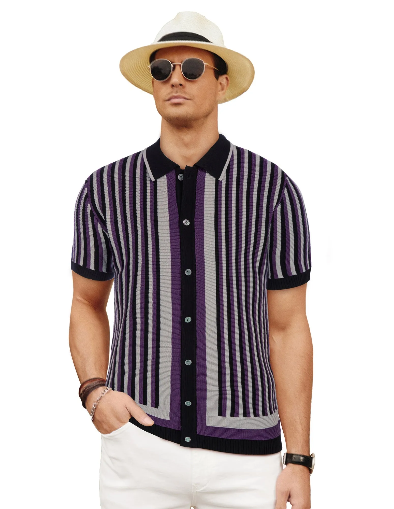 Men's Striped Polo Shirts Breathable Knit Shirt 70s Vintage Cardigans Shirt Short Sleeve Button Down Casual Clothing