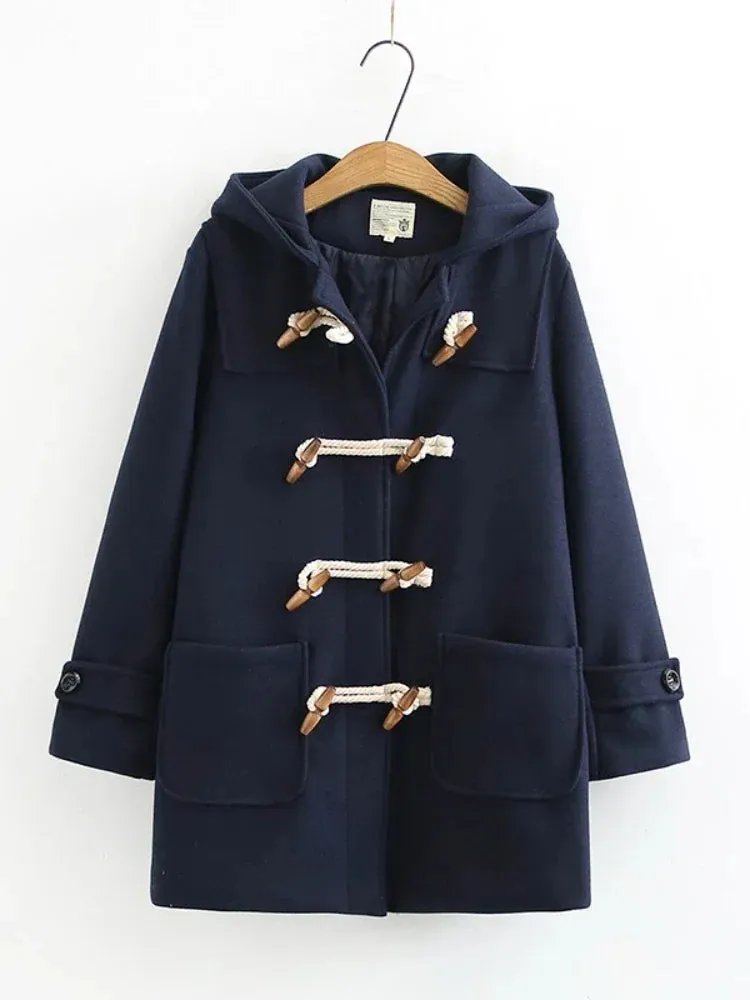 Metaversmall Winter Women Wool Blends Coat Straight Long Hooded Coats Jacket  Horn Button  Sleeve Preppy Style Female Warmness Outwears