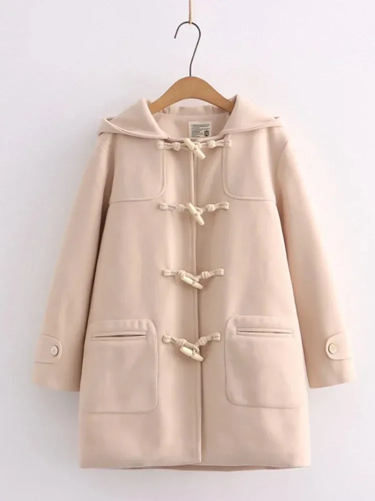 Metaversmall Winter Women Wool Blends Coat Straight Long Hooded Coats Jacket  Horn Button  Sleeve Preppy Style Female Warmness Outwears