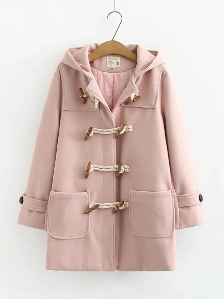 Metaversmall Winter Women Wool Blends Coat Straight Long Hooded Coats Jacket  Horn Button  Sleeve Preppy Style Female Warmness Outwears