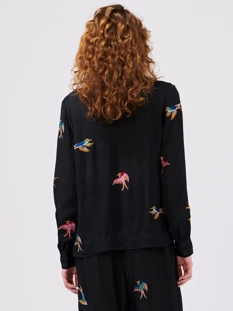 Midnight Charming Birds Embroidered Crepe Pyjama Blouse