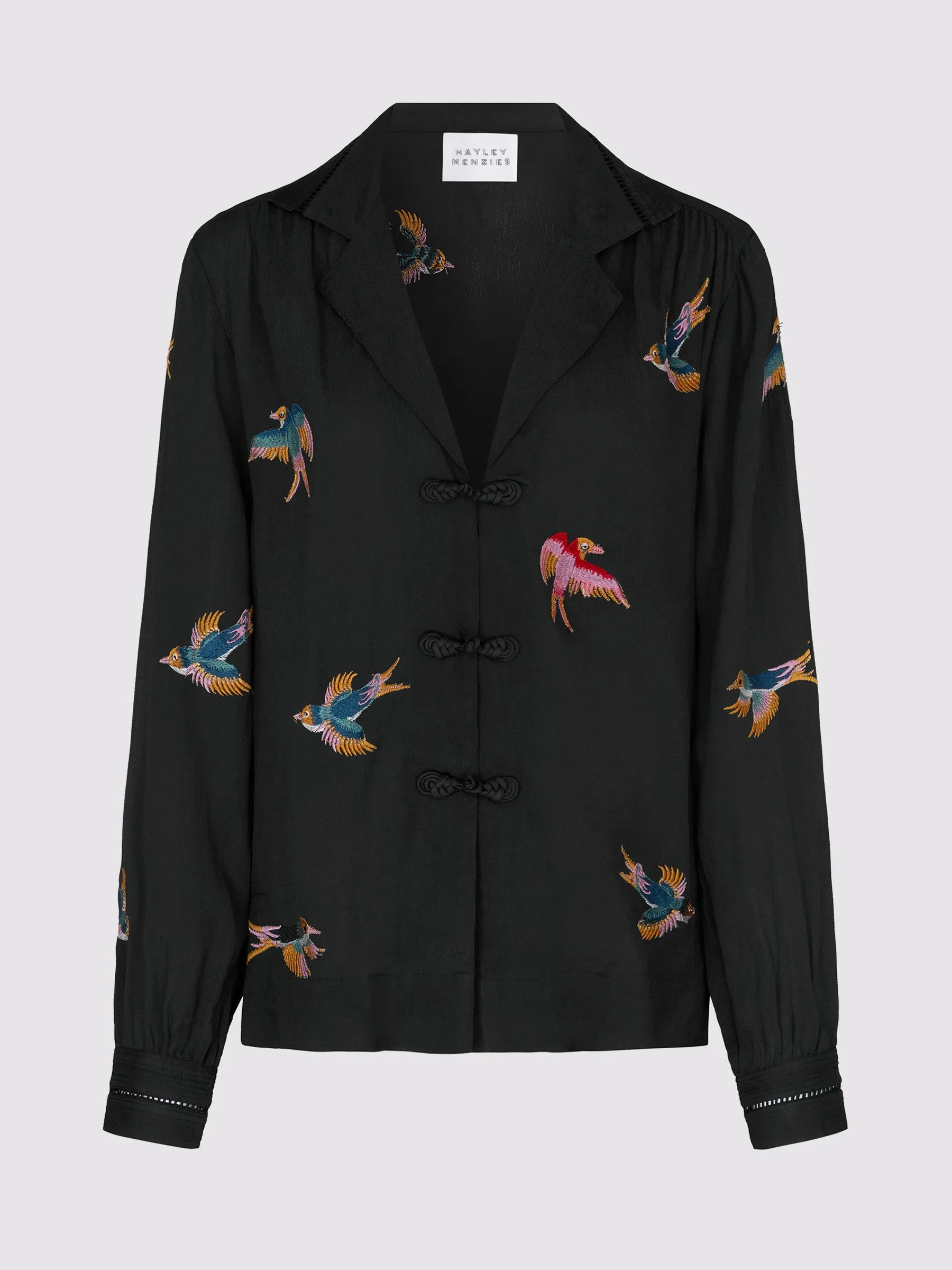 Midnight Charming Birds Embroidered Crepe Pyjama Blouse