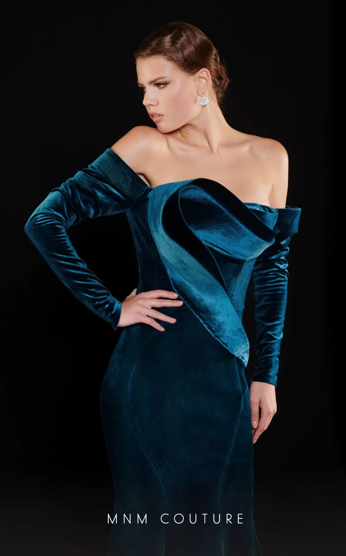 MNM Couture N0522 : Regal Beauty in a Velvet Gown with Train.