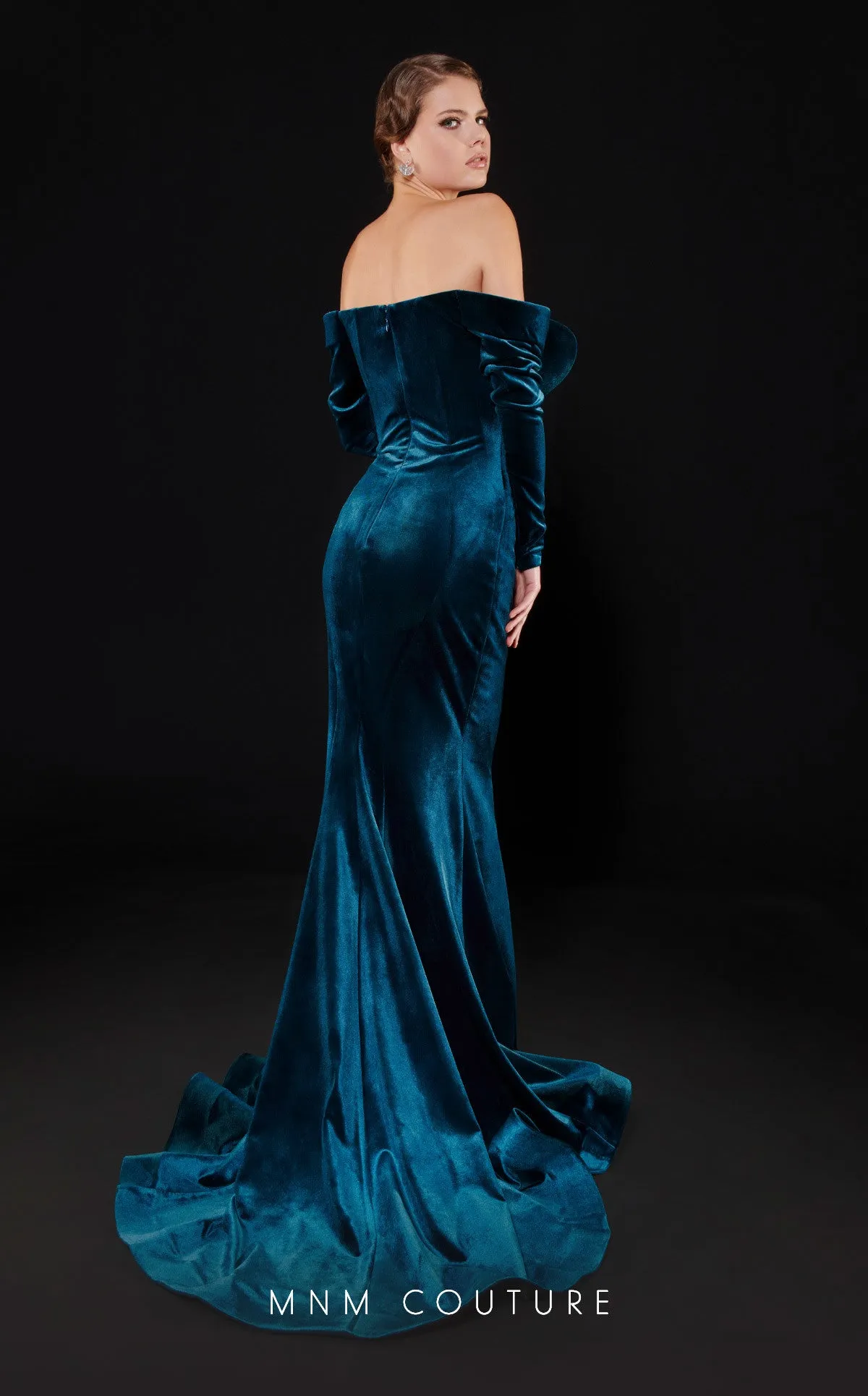 MNM Couture N0522 : Regal Beauty in a Velvet Gown with Train.