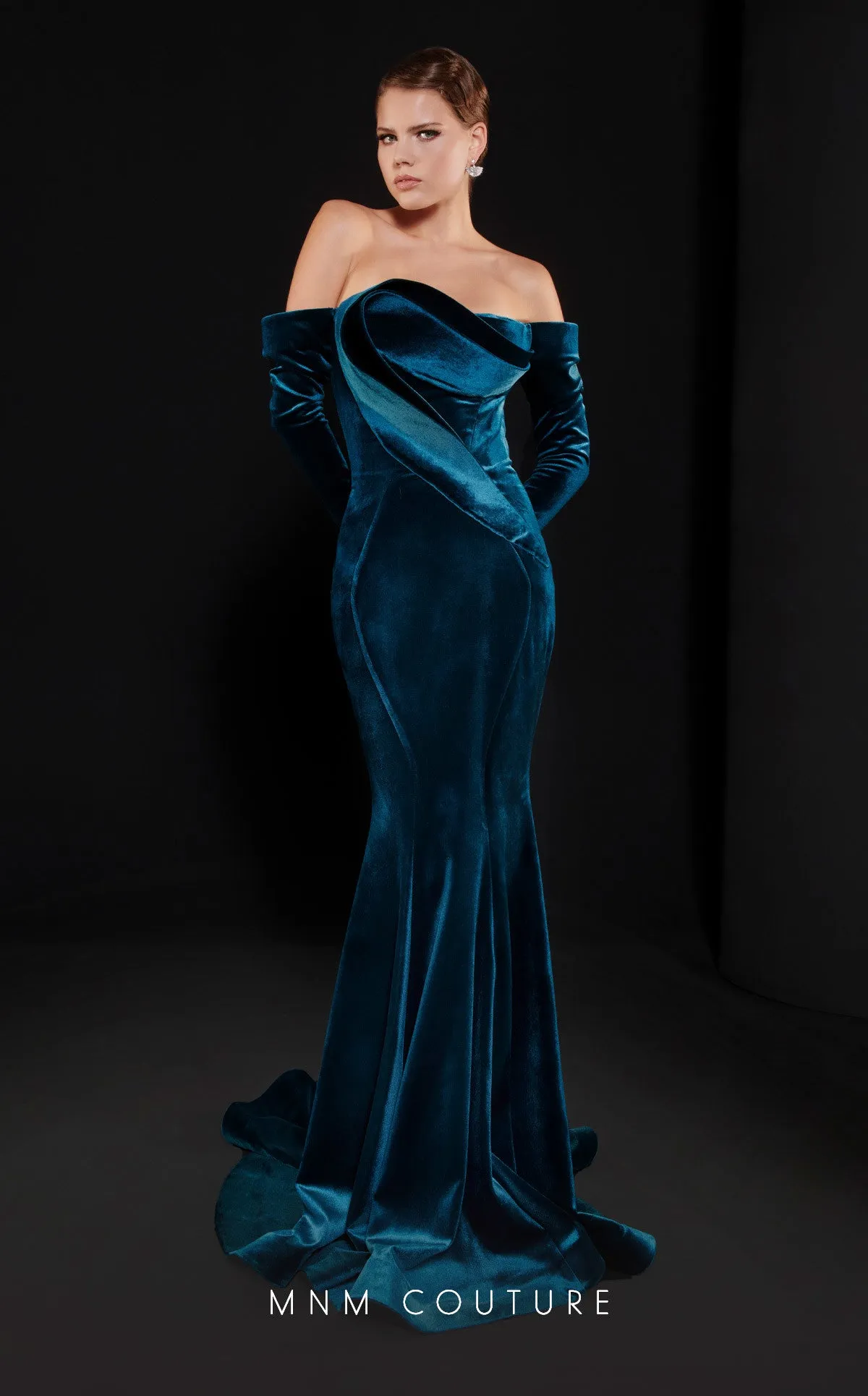 MNM Couture N0522 : Regal Beauty in a Velvet Gown with Train.