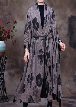 Modern Grey Asymmetrical Print Woolen Coat Winter