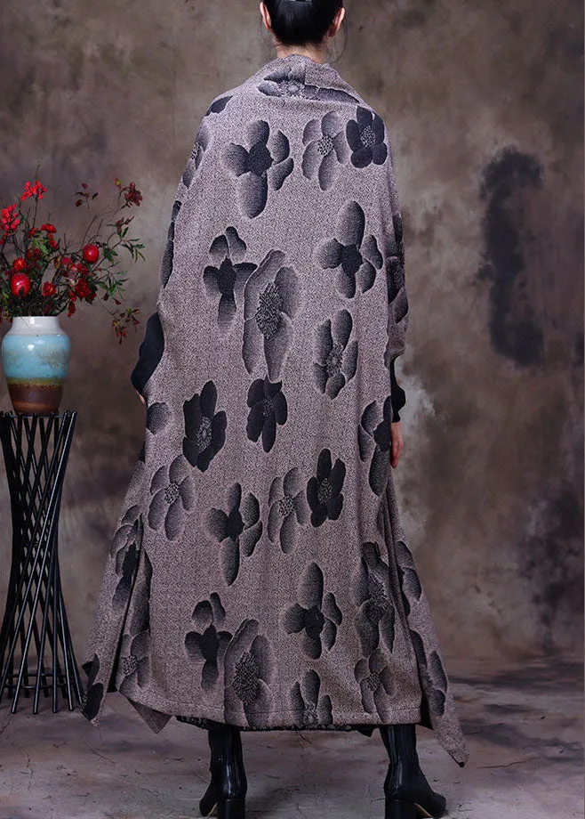 Modern Grey Asymmetrical Print Woolen Coat Winter