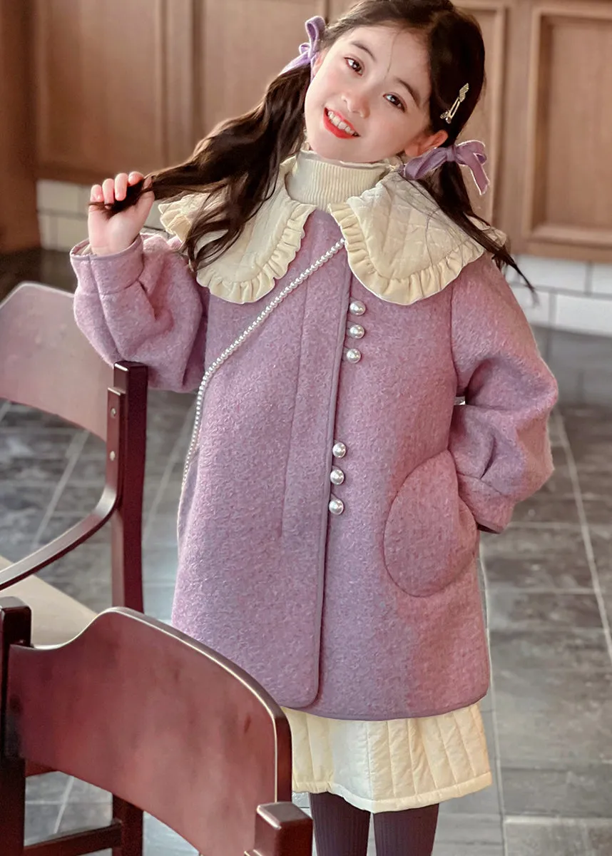 Modern Purple Peter Pan Collar Thick Woolen Kids Long Coat Winter WL052