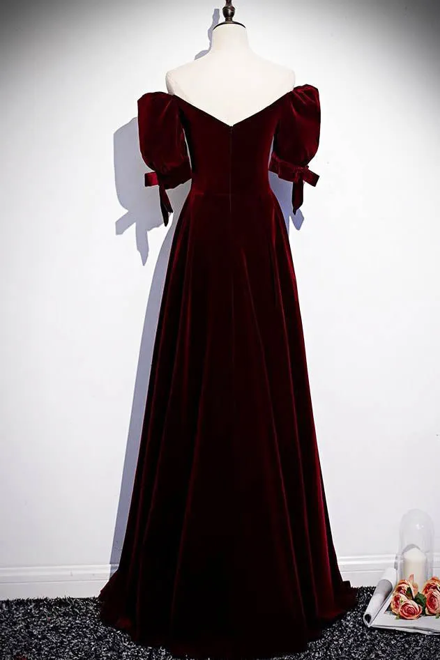 Modest Burgundy Long Prom Dresses with Short Sleeves Vintage Evening Gown