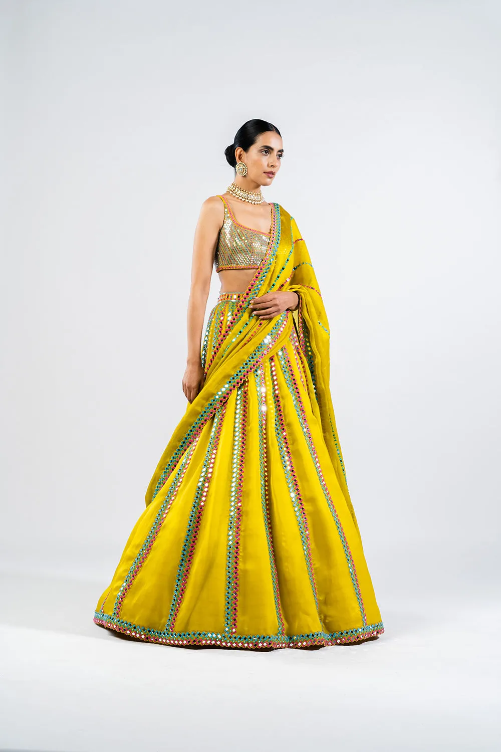 Moss Green Mirror Seam Lehenga Set With Metallic Blouse