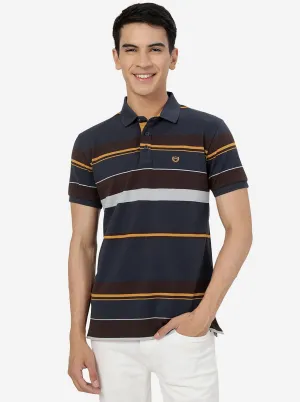 Navy & Brown Striped Slim Fit Polo T-Shirt | JadeBlue