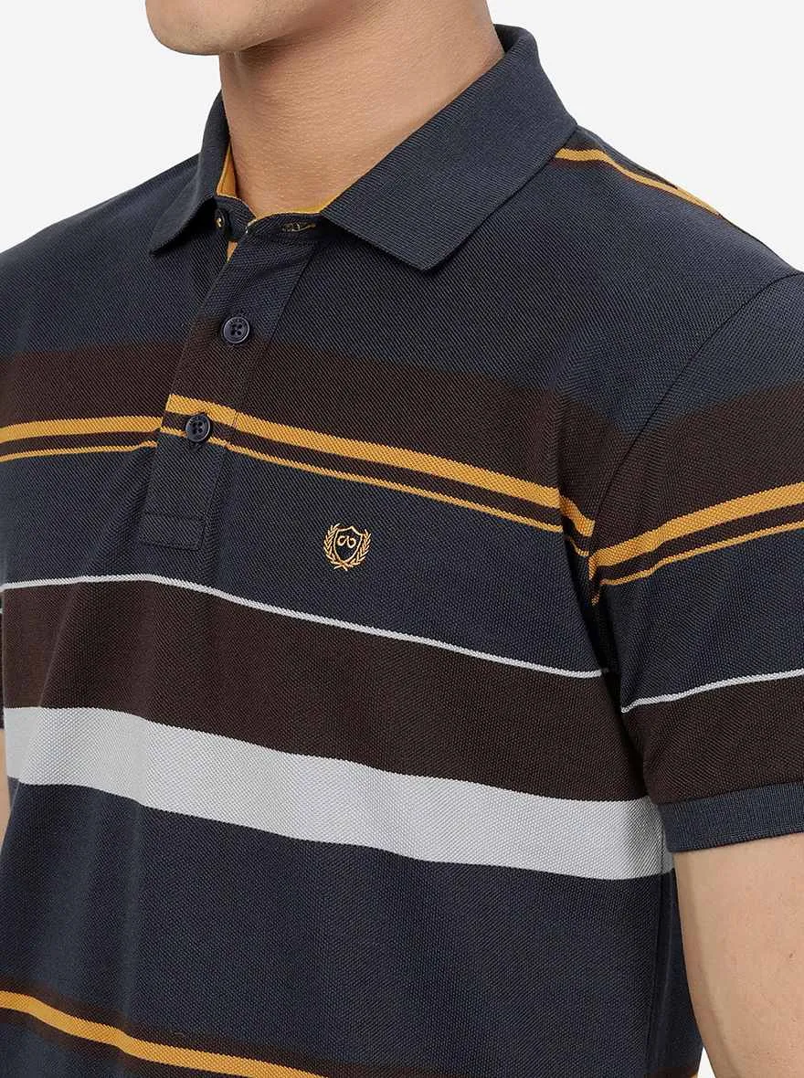 Navy & Brown Striped Slim Fit Polo T-Shirt | JadeBlue