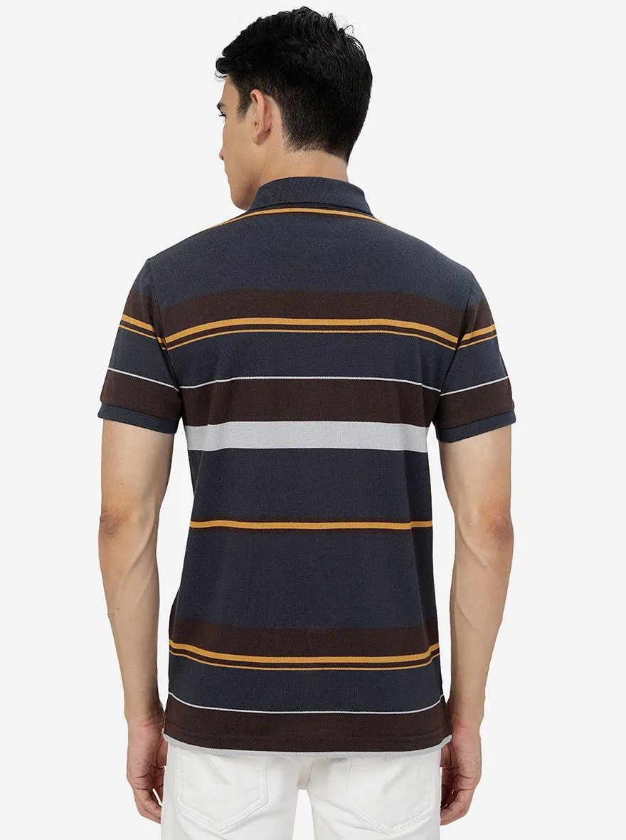 Navy & Brown Striped Slim Fit Polo T-Shirt | JadeBlue