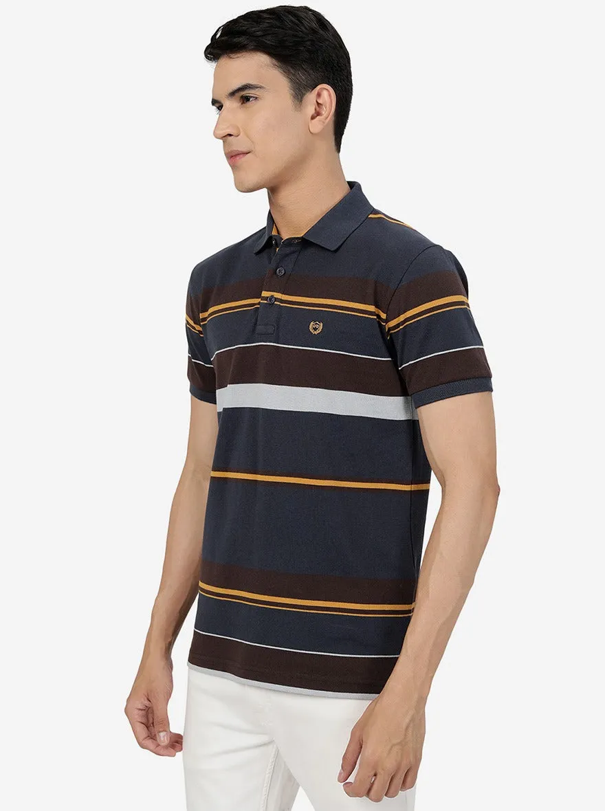 Navy & Brown Striped Slim Fit Polo T-Shirt | JadeBlue