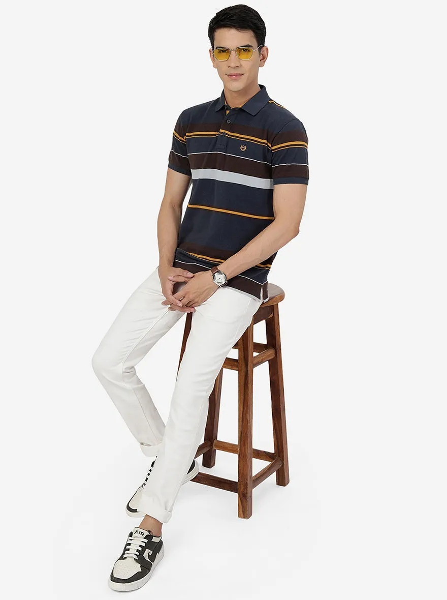 Navy & Brown Striped Slim Fit Polo T-Shirt | JadeBlue