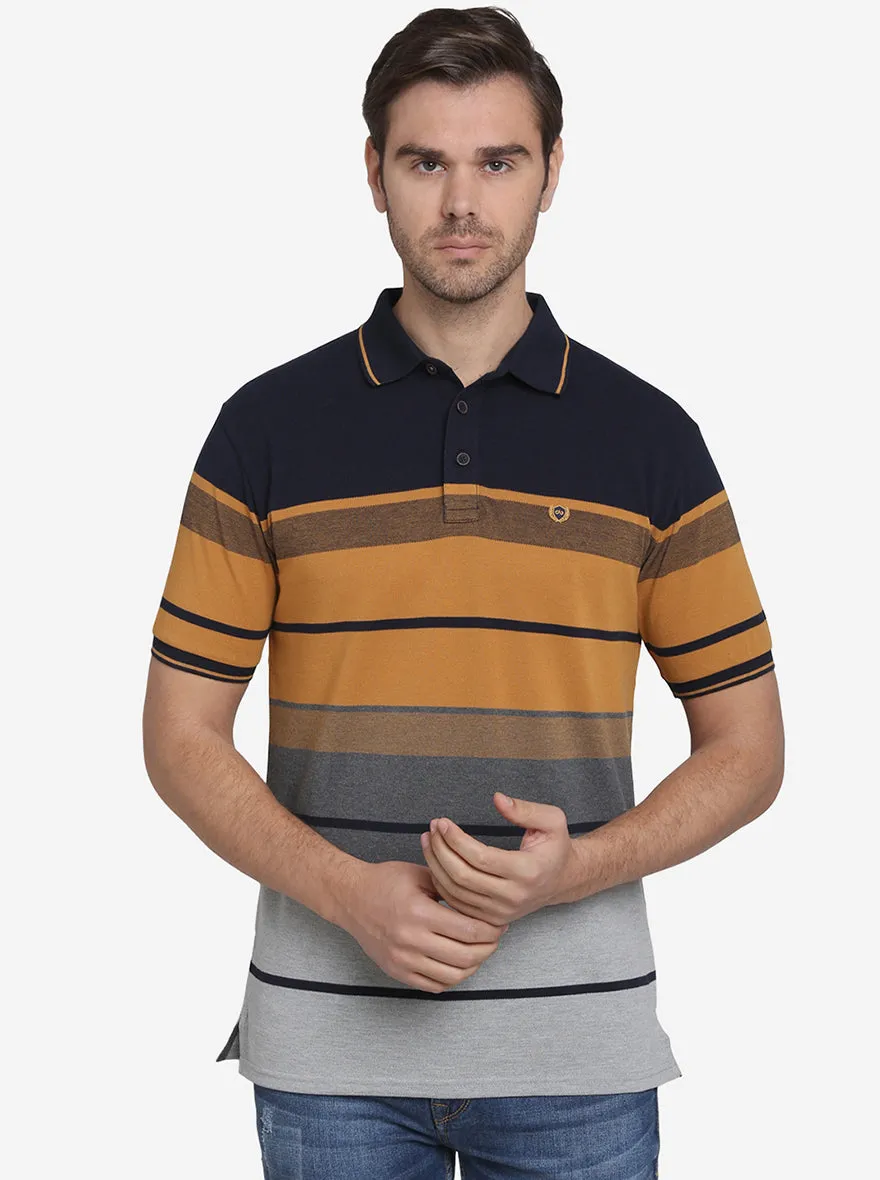 Navy Blue & Smoke Grey Striped Slim Fit Polo T-shirt  | JadeBlue