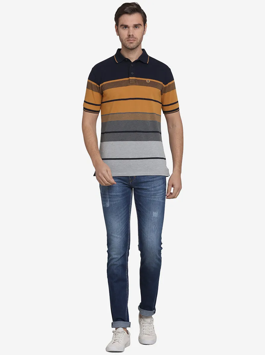 Navy Blue & Smoke Grey Striped Slim Fit Polo T-shirt  | JadeBlue