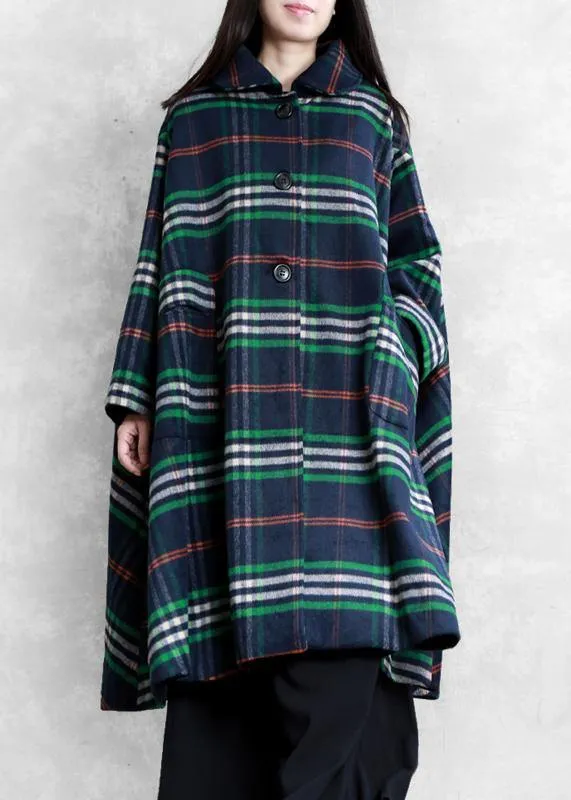 New oversized Winter coat fall coat blue plaid Peter pan Collar woolen overcoat