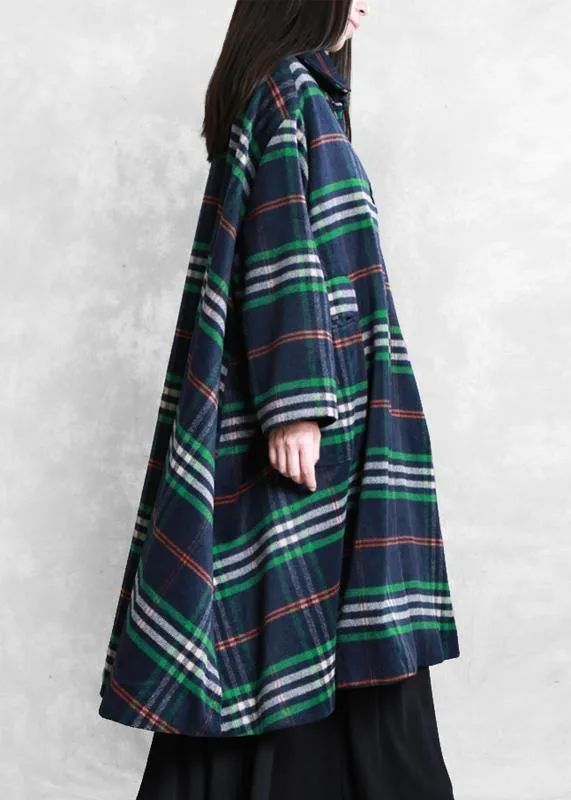 New oversized Winter coat fall coat blue plaid Peter pan Collar woolen overcoat