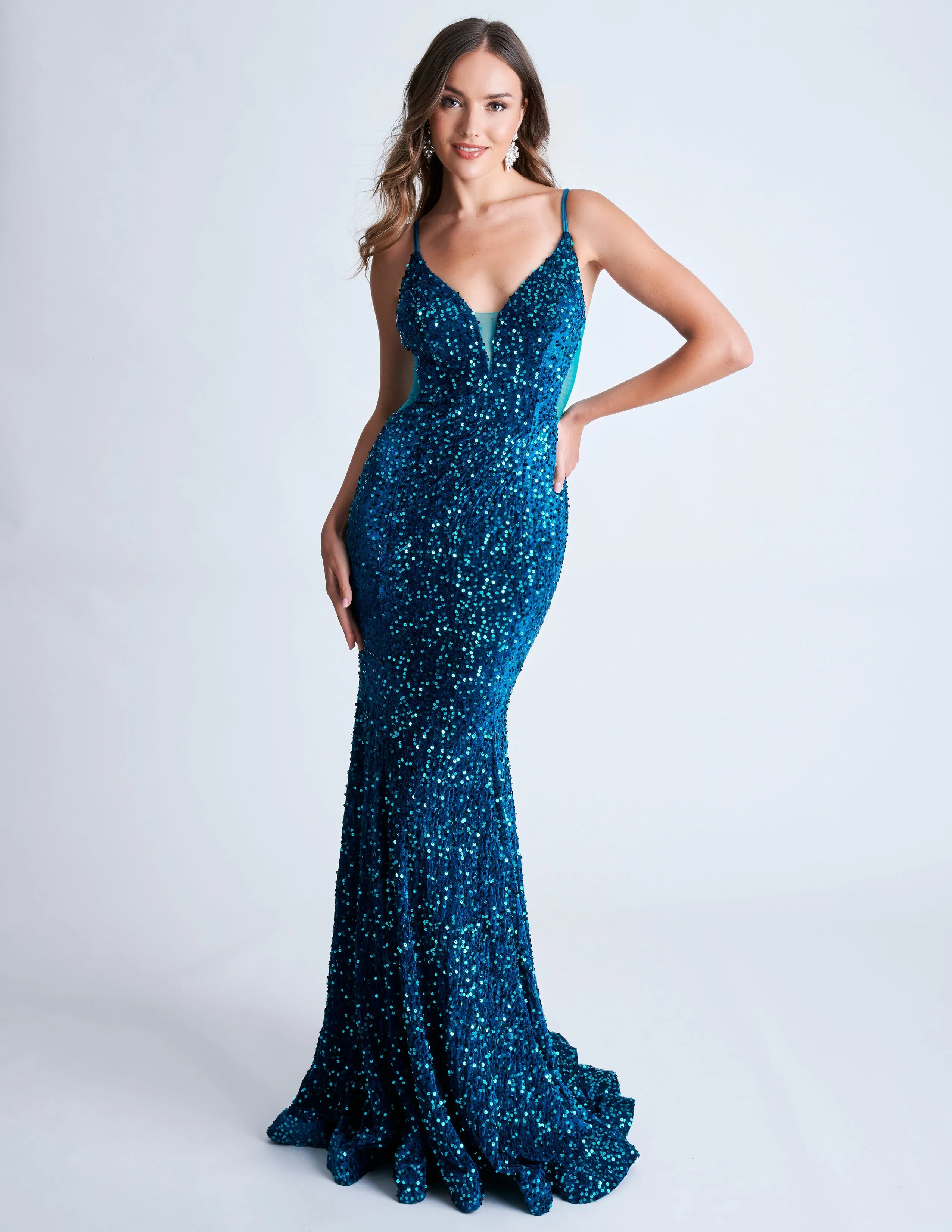 Nina Canacci 4420 Size 4 Royal Velvet Sequin Mermaid Prom Dress Formal Evening Gown Sheer V Neck