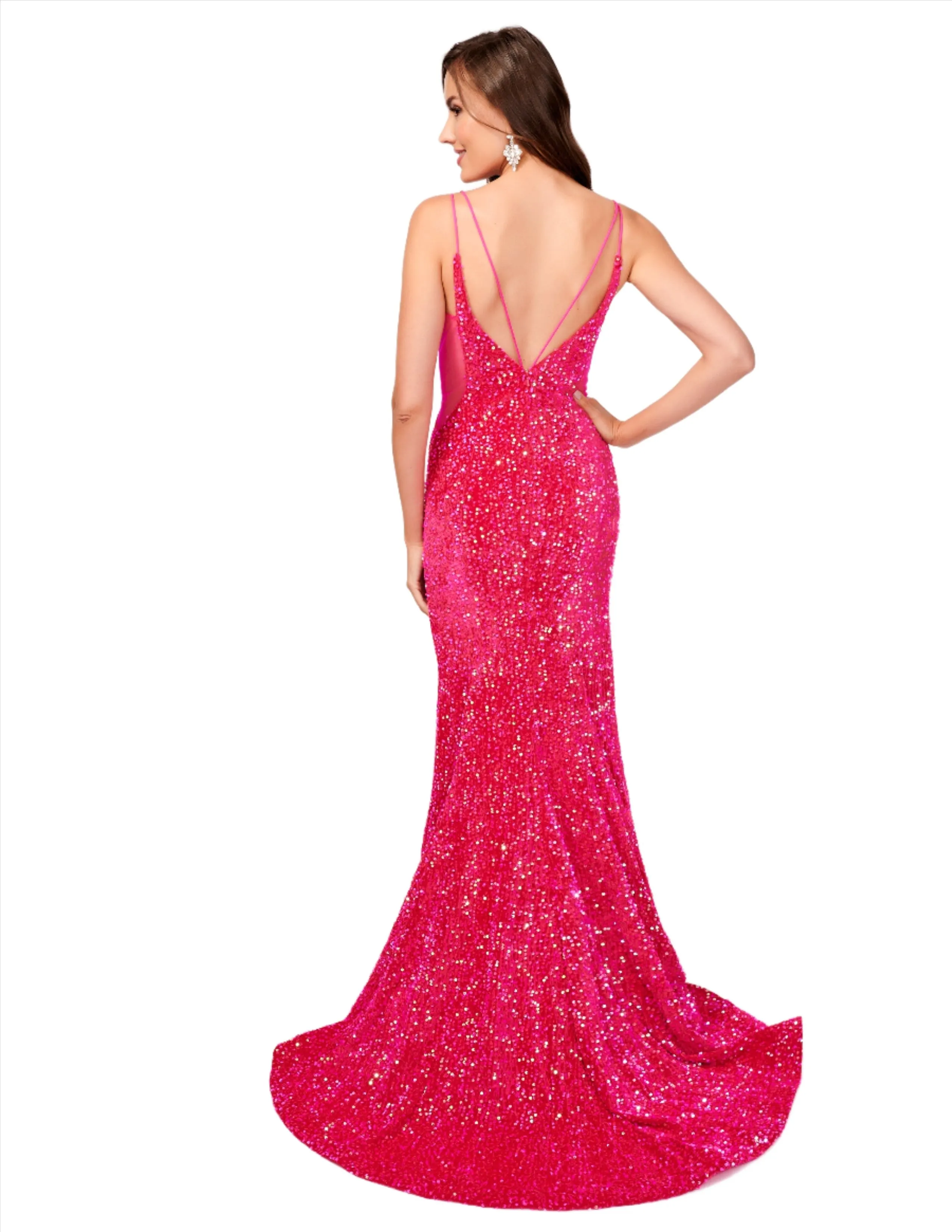 Nina Canacci Size 4, 6 Fuchsia 4420 Velvet Sequin Mermaid Prom Dress Formal Evening Gown Sheer V Neck