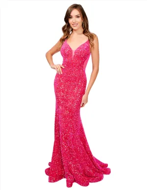 Nina Canacci Size 4, 6 Fuchsia 4420 Velvet Sequin Mermaid Prom Dress Formal Evening Gown Sheer V Neck