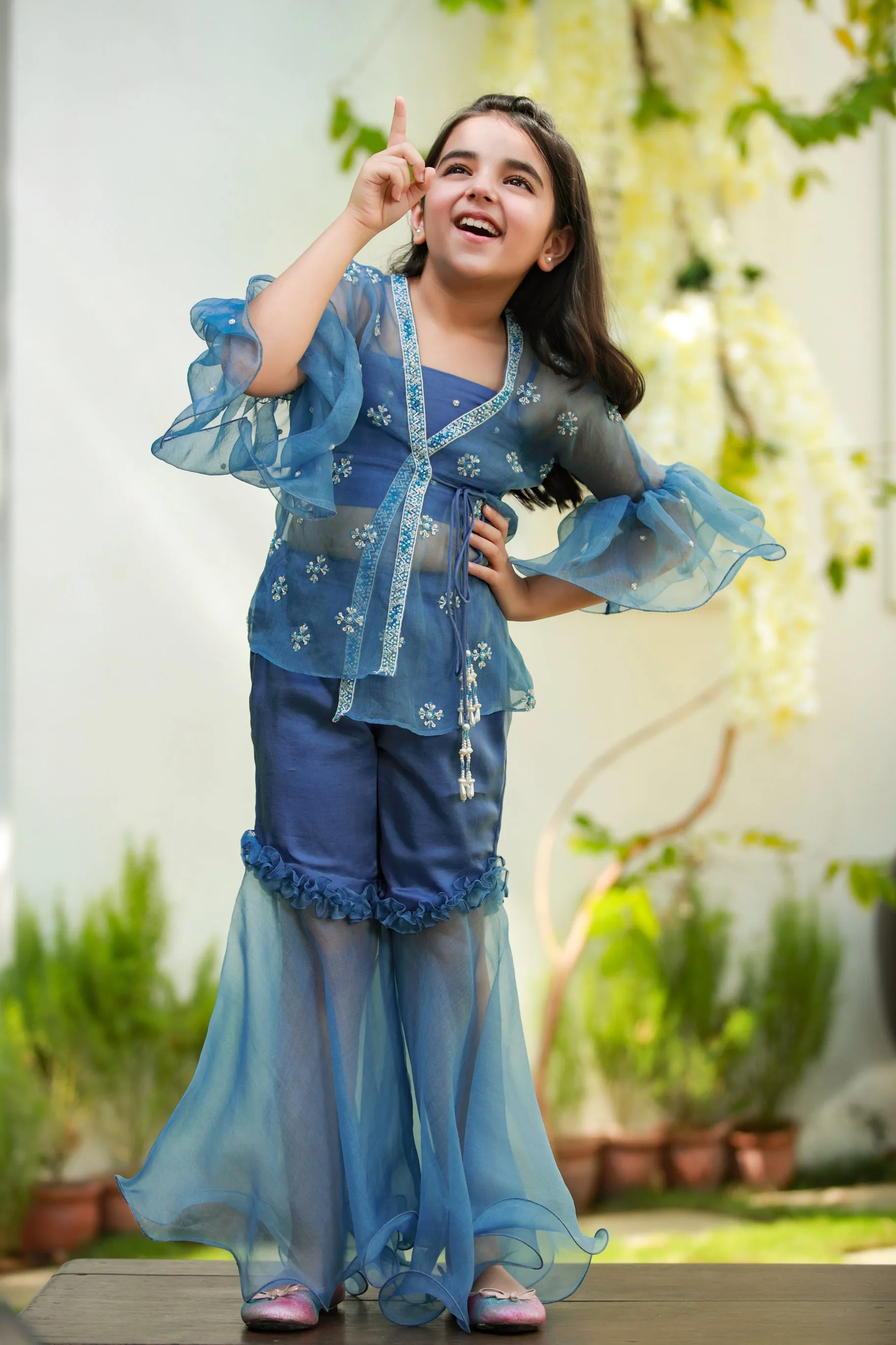 Noor- Embroidered Jacket, Blouse & Sharara Set For Girls