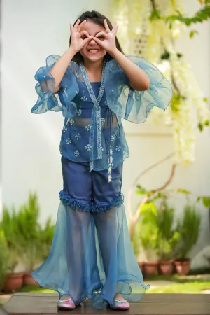 Noor- Embroidered Jacket, Blouse & Sharara Set For Girls