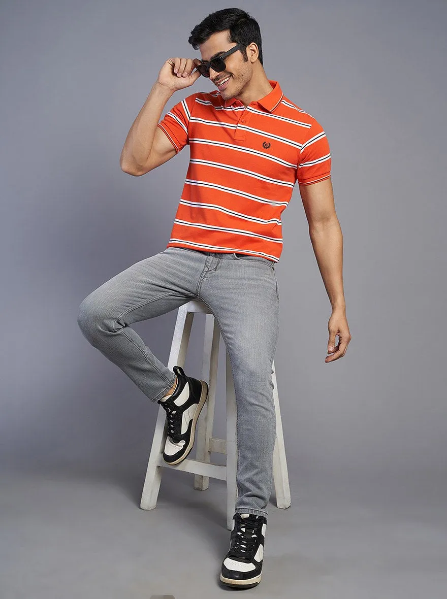 Orange Striped Slim Fit Polo T-Shirt | Greenfibre