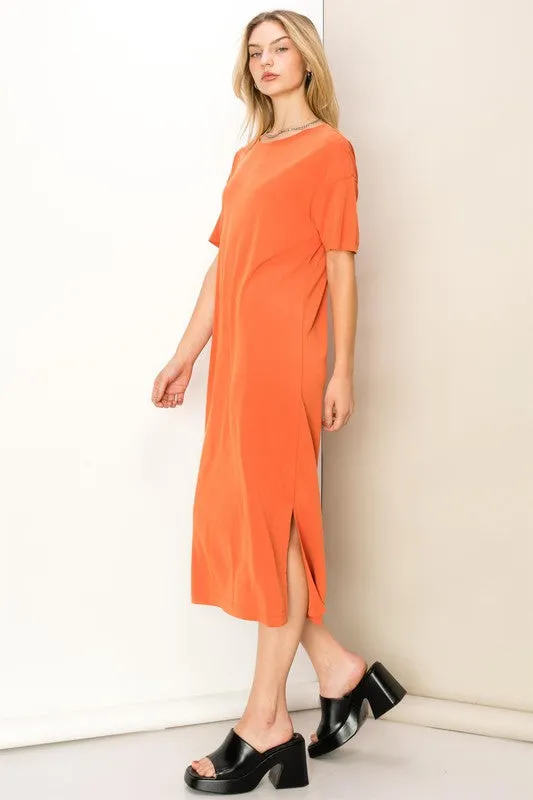 Orange Take A Stroll Side Slit T-Shirt Midi Dress