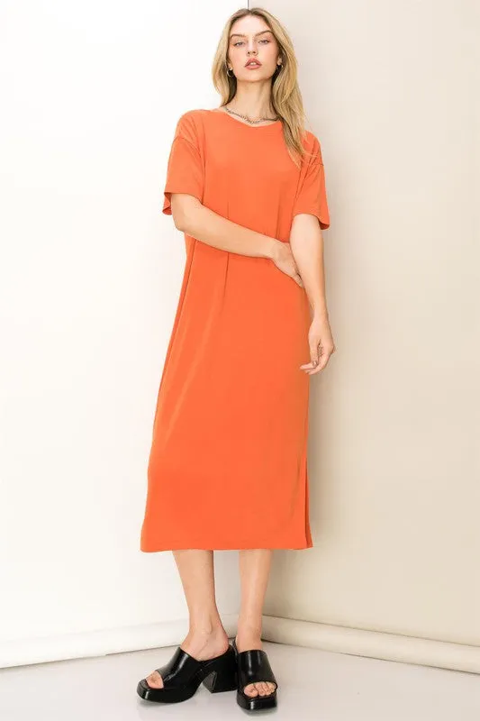 Orange Take A Stroll Side Slit T-Shirt Midi Dress