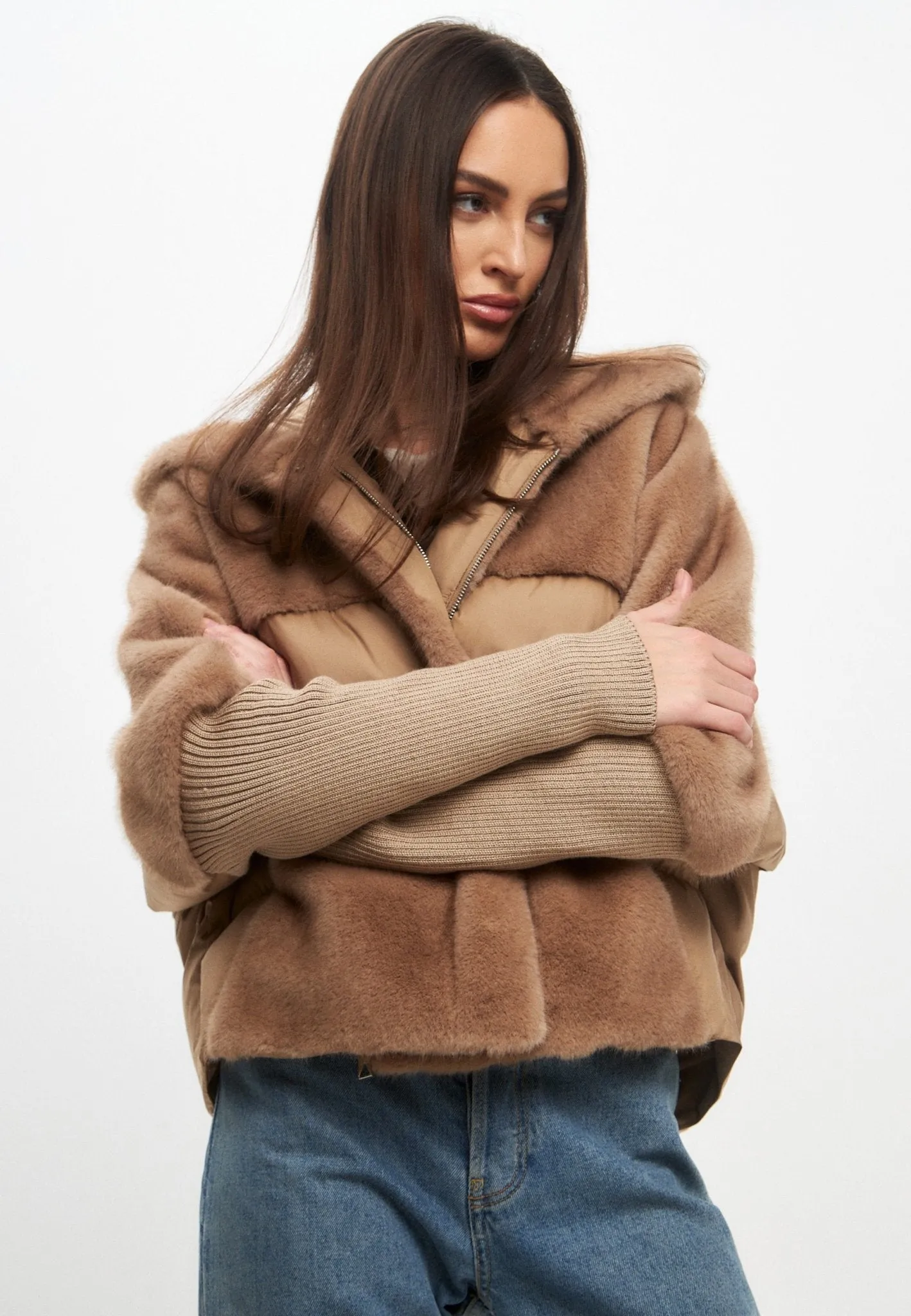 Oversized Faux Fur Jacket - Beige