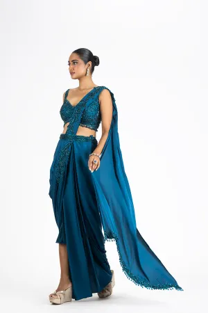 PEACOCK BLUE SATIN DRAPED SAREE