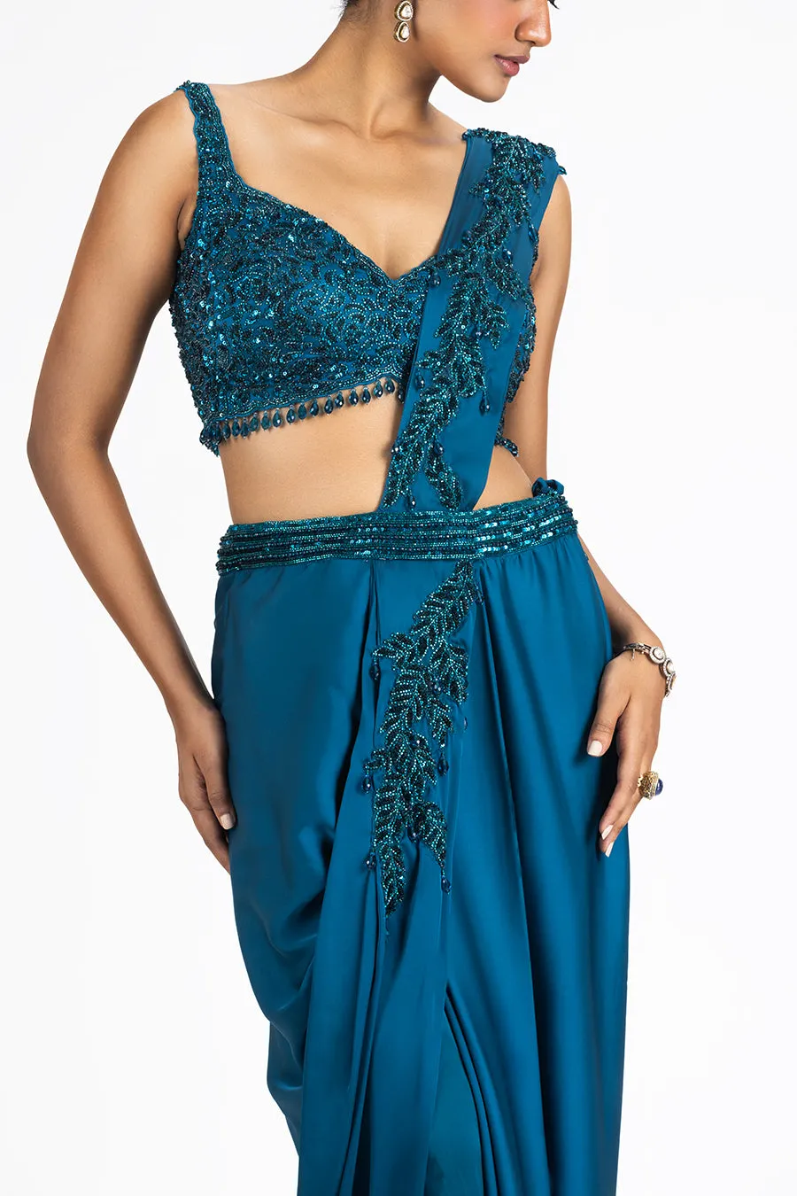 PEACOCK BLUE SATIN DRAPED SAREE