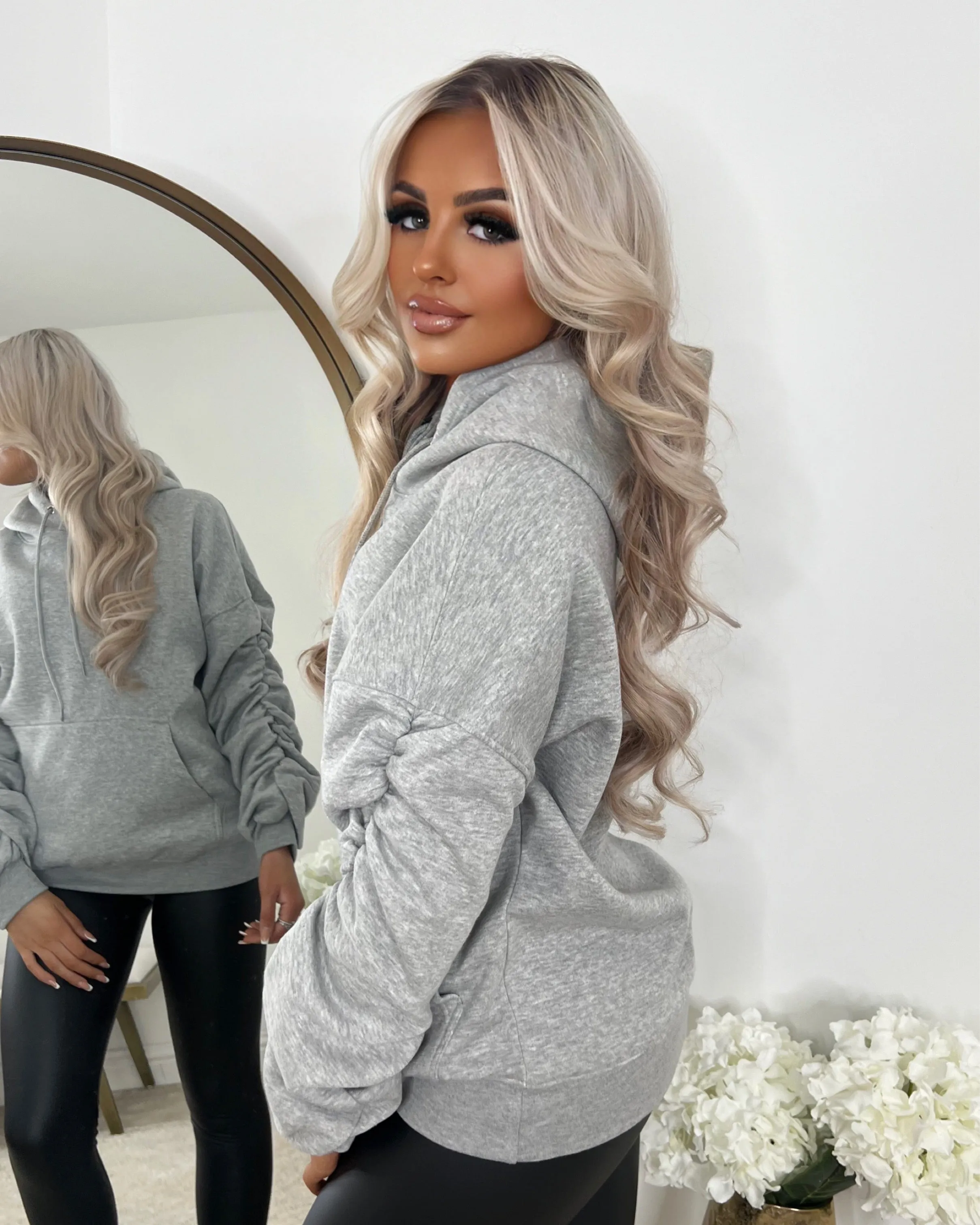 Penny Ruched Sleeve Hoodie - Grey