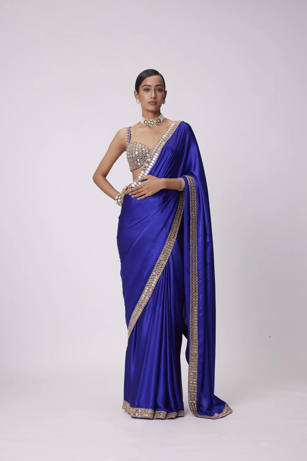 Persian Blue Hand Embroidered Satin Saree Set